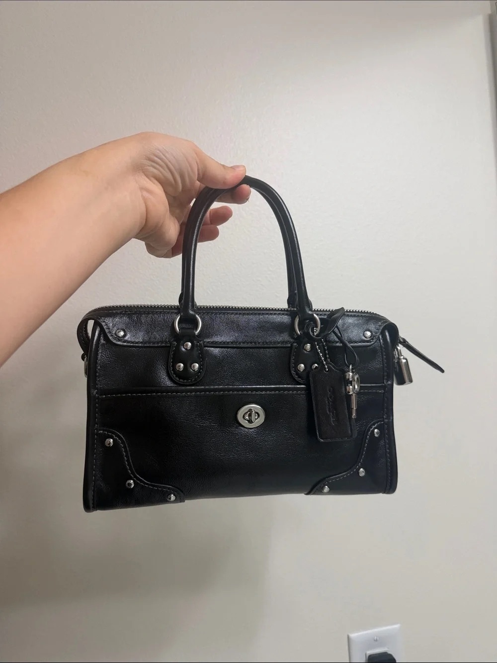 Coach Black Leather Satchel with Stud Accents